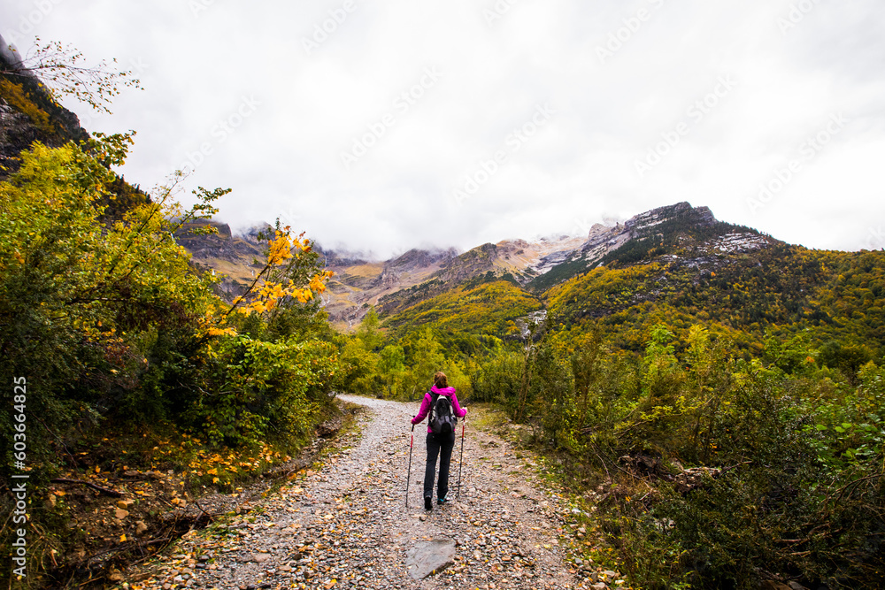 Young woman in autumn in Ordesa and Monte Perdido National Park, Spain