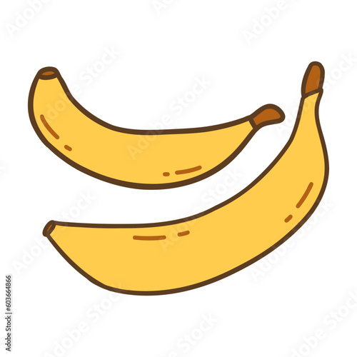 Two bananas. Useful tasty fruit, seasonal vitamin. Frugarianism, raw eating. Colorful vector isolated illustration hand drawn with outline doodle. Healthy yellow sweet fruit that replenishes energy
