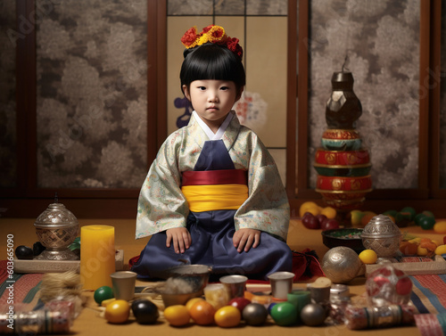 A Girl in South Korea Celebrating their Birthday with a Traditional Doljabi Ceremony | Generative AI photo