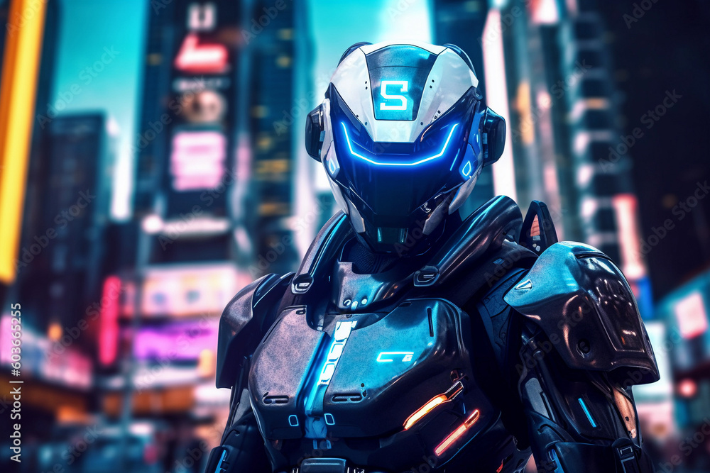 futuristic police officer robot in a big city, created with generative ai futuristic police officer robot in a big city, created with generative ai