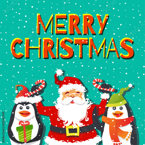Merry Christmas Greetings from Santa Claus and Penguins. Happy cute editable vector characters. (ID: 603665844)