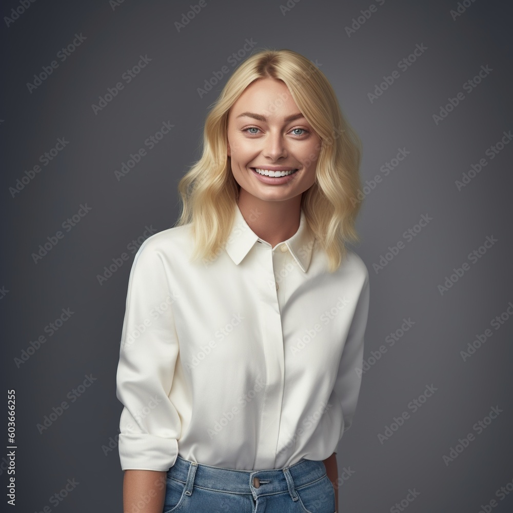 Portrait of a beautiful smiling young woman wearing white shirt and blue jeans. Generative AI Portrait of a beautiful smiling young woman wearing white shirt and blue jeans. Generative AI