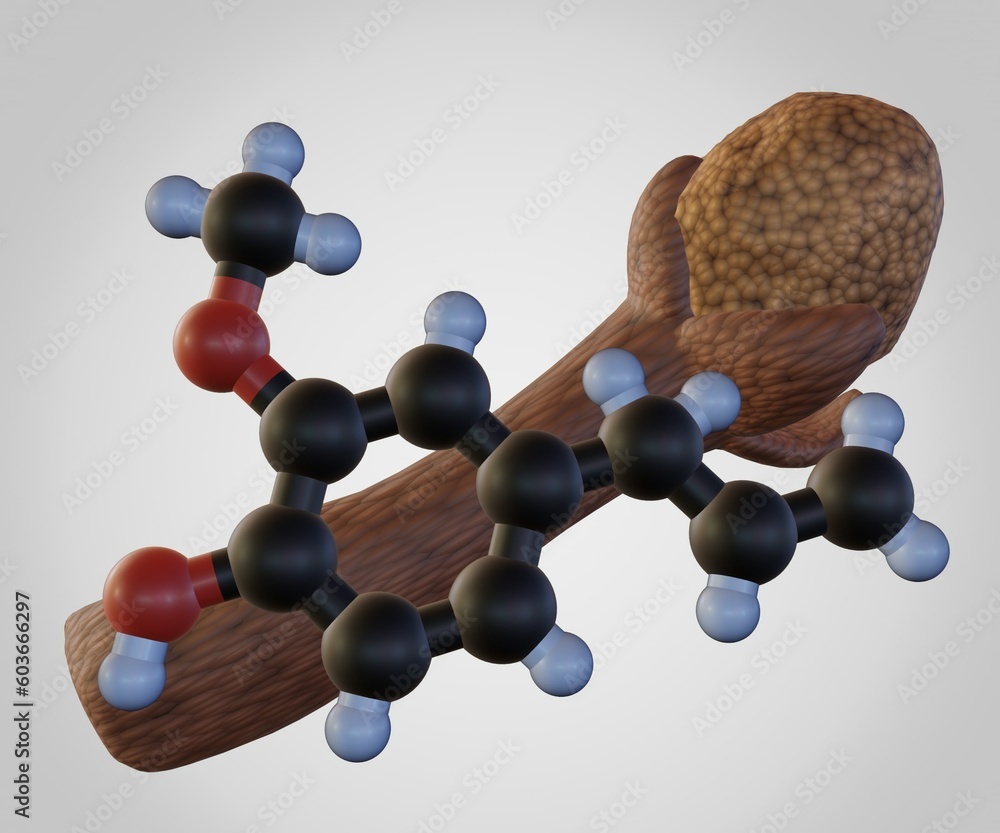 Clove buds and Eugenol molecule. The distinctive clove smell is ...