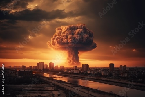 Big nuclear explosion mushroom cloud effect over the city. Apocalyptical aftermath of nuclear attack.