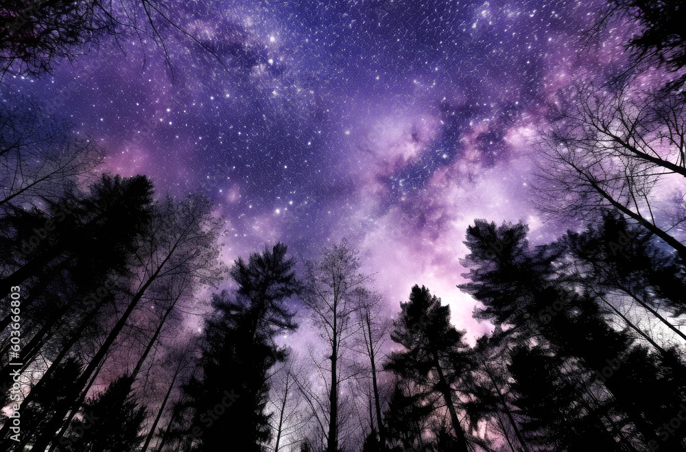 Forest with Starry Night Sky - Cosmos and Milky Way Galaxy, Outer Space, Generative AI