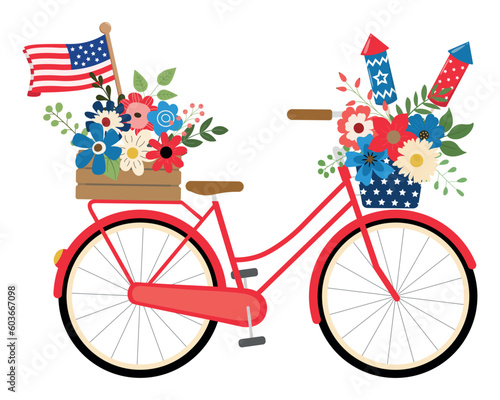 Patriotic holiday red bike with american flag, firecrackers, floral bouquets illustration on white background. Isolated on white background. 4th of July themed design holiday card.