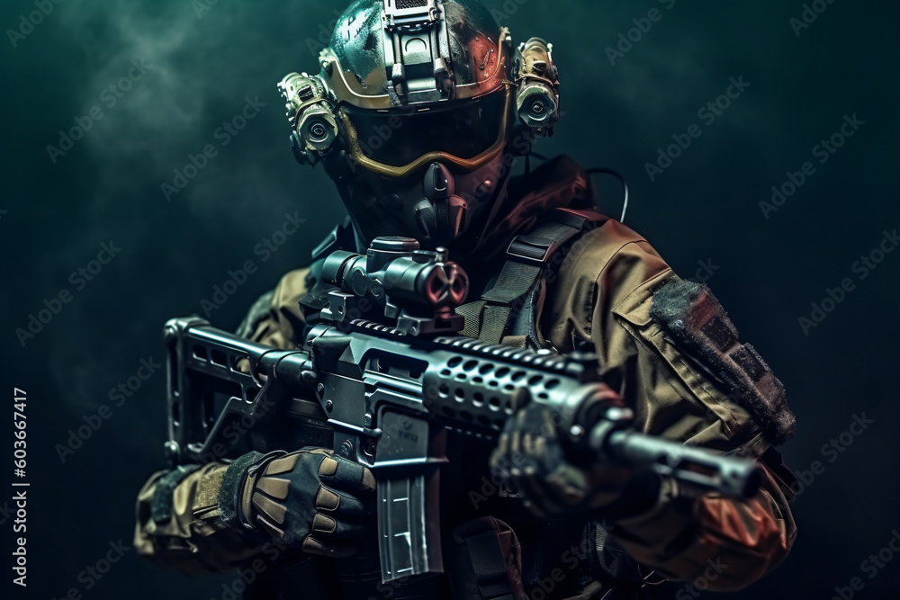 Close-up studio photo. elite unit, special forces soldier in camouflage uniform holding an assault rifle with a laser sight made with Generative AI Close-up studio photo. elite unit, special forces soldier in camouflage uniform holding an assault rifle with a laser sight made with Generative AI
