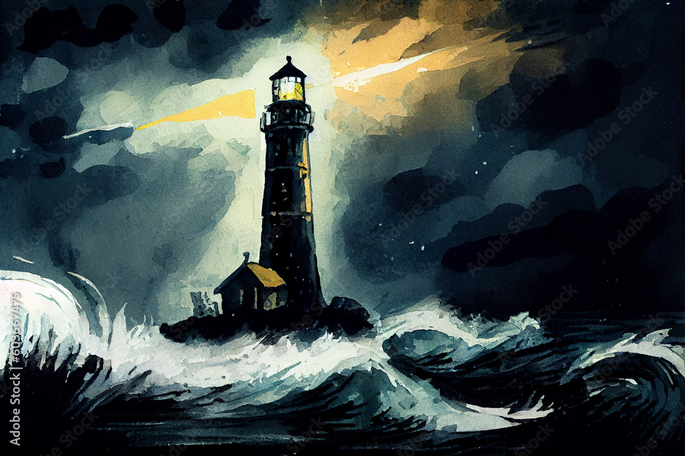 A lighthouse, with a beacon of light shining, against a dark, coastal background, generative ai