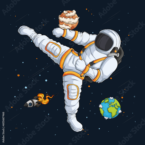 Hand drawn karate or kickboxing astronaut in spacesuit doing a fly kick ,martial arts outer spaceman