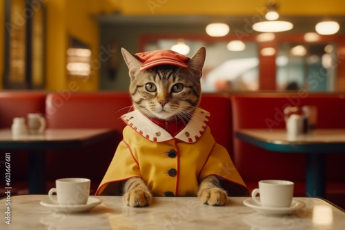 stylish anthropomorphic cat in clothes sits at table in bright and colorful interior of an American roadside cafe in the style of the 1950s, created with Generative AI Technology