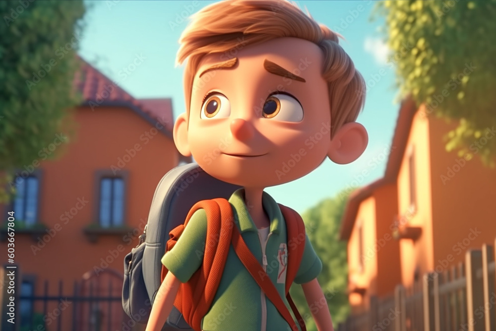 cartoon illustration of a happy boy with a backpack walking down the ...