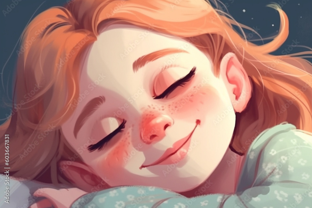 cartoon illustration of a little girl sleeping on a pillow, created with Generative AI Technology