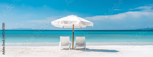 Seaside Paradise: Beautiful Beach Banner with White Sand, Chairs, and Umbrella for Travel and Tourism