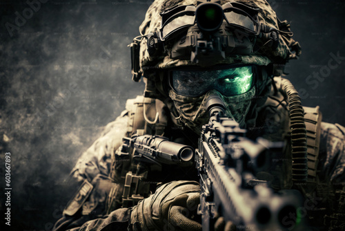 Close-up studio photo. elite unit, special forces soldier in camouflage uniform holding an assault rifle with a laser sight made with Generative AI