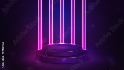 Empty violet podium with line neon pink wall on background