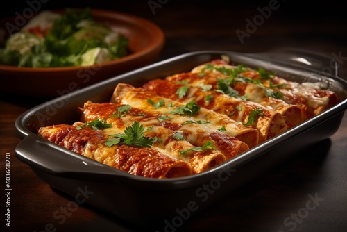 Indulge in the savory flavors of these delicious beef enchiladas. This mouthwatering dish features tender beef, wrapped in warm tortillas and smothered in a rich, flavorful enchilada sauce.  photo