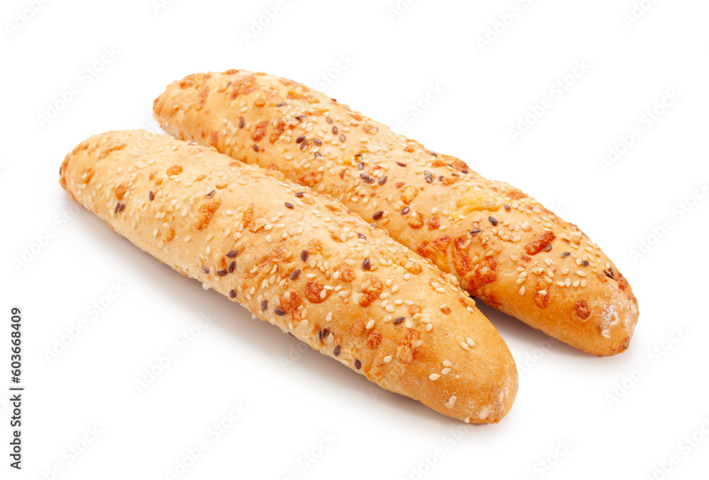 two french baguettes with creative flavor isolated on white background two french baguettes with creative flavor isolated on white background