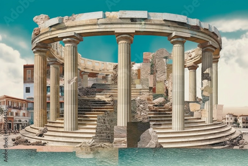 A mixed media collage combining photographs and illustrations to create a contemporary reinterpretation of Greek columns, Generative AI technology.