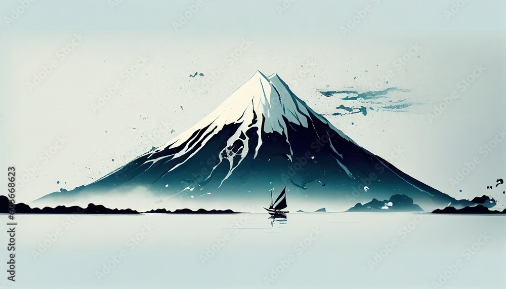 Fuji in green and white waves in traditional Japanese Ukiyoe Abstract, Elegant and Modern AI-generated illustration