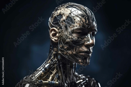 Symbiosis between human body and artificial intelligence and use of cells and partially mechanical limbs  skin  metal  visible energy flows  perfect human face. Generative AI