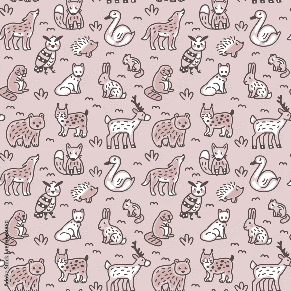 Hand drawn seamless pattern with doodle forest animals. Hand drawn seamless pattern with doodle forest animals.