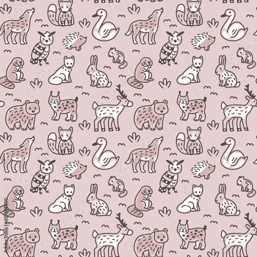 Hand drawn seamless pattern with doodle forest animals.