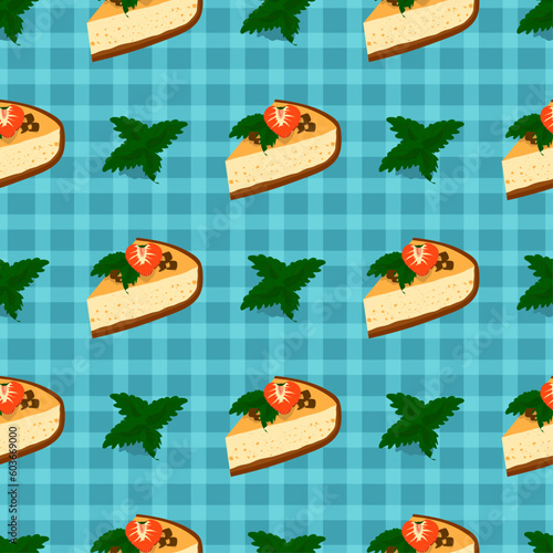 Cheesecake with strawberries, chocolate and mint on a checkered blue background flat illustration