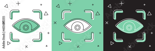 Set Eye scan icon isolated on white and green, black background. Scanning eye. Security check symbol. Cyber eye sign. Vector