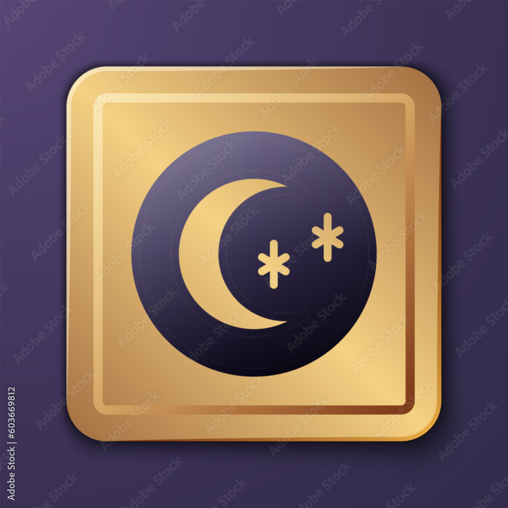 Purple Moon and stars icon isolated on purple background. Cloudy night sign. Sleep dreams symbol. Full moon. Night or bed time sign. Gold square button. Vector Purple Moon and stars icon isolated on purple background. Cloudy night sign. Sleep dreams symbol. Full moon. Night or bed time sign. Gold square button. Vector