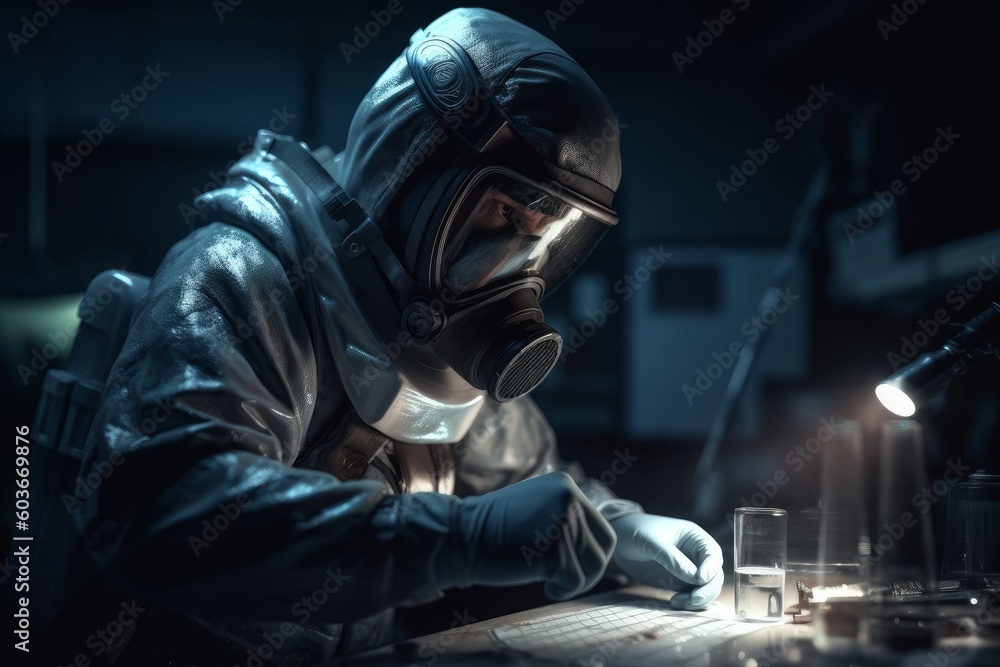 A military scientist prepares an advanced bioweapon in a secret military laboratory A military scientist prepares an advanced bioweapon in a secret military laboratory