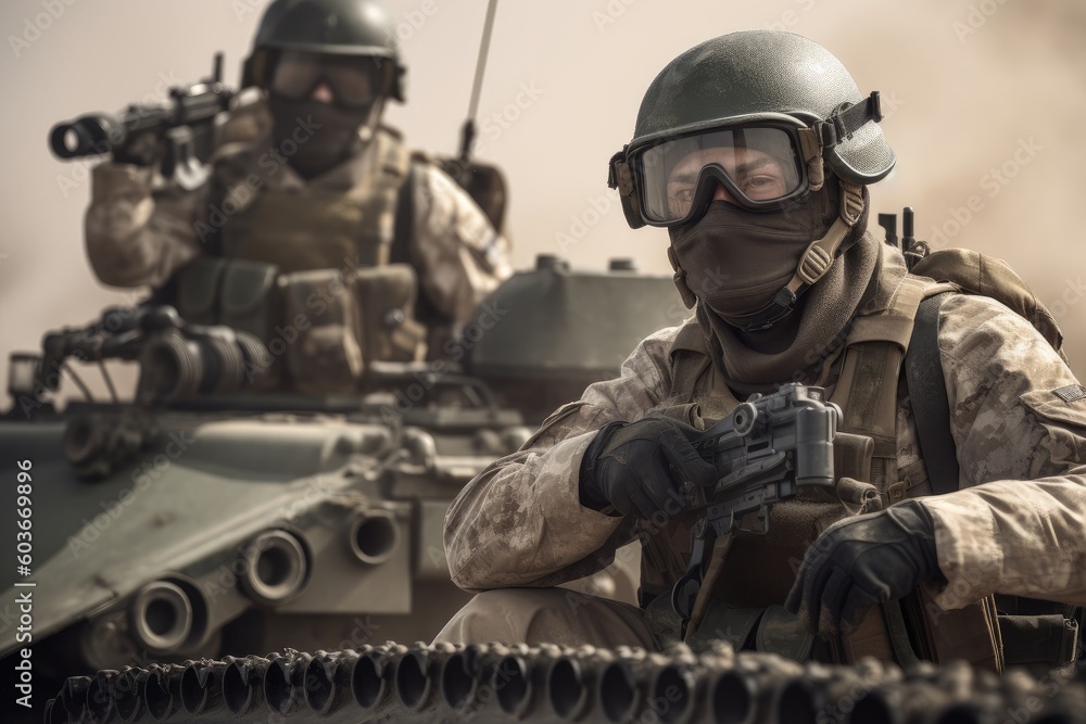 Fototapeta premium Well-equipped soldiers with tanks on the front line