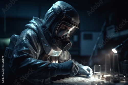A military scientist prepares an advanced bioweapon in a secret military laboratory 