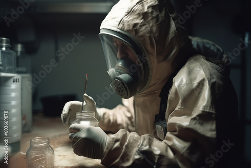 A military scientist prepares an advanced bioweapon in a secret military laboratory