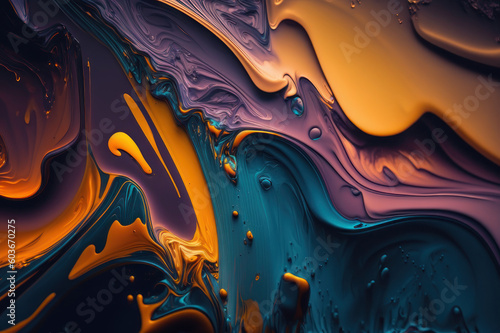 Abstract background in fluid art style. Blue and yellow acrylic paint. AI generative.