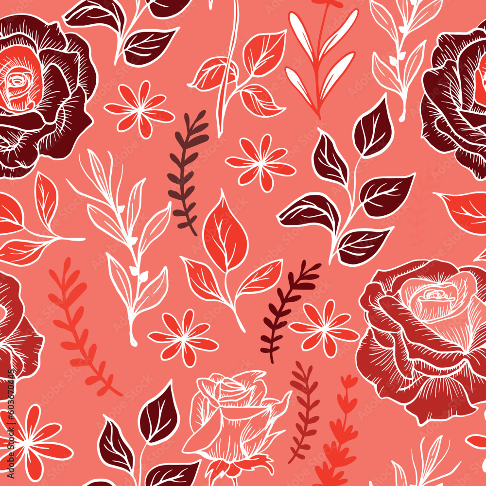 Pink botanical seamless pattern with flowers, leaves, and branches