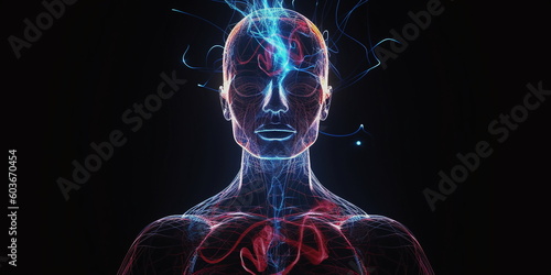 abstract human body head shape anatomy with artery brain nervous system electrogram and soul energy wave illustration ,generated ai