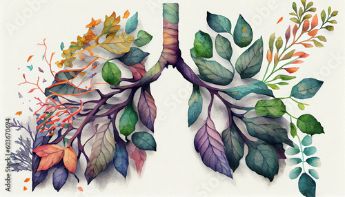 A generative ai illustration depicting human lungs crafted from plants and flowers, symbolizing the interconnectedness of nature and the respiratory system #603670694