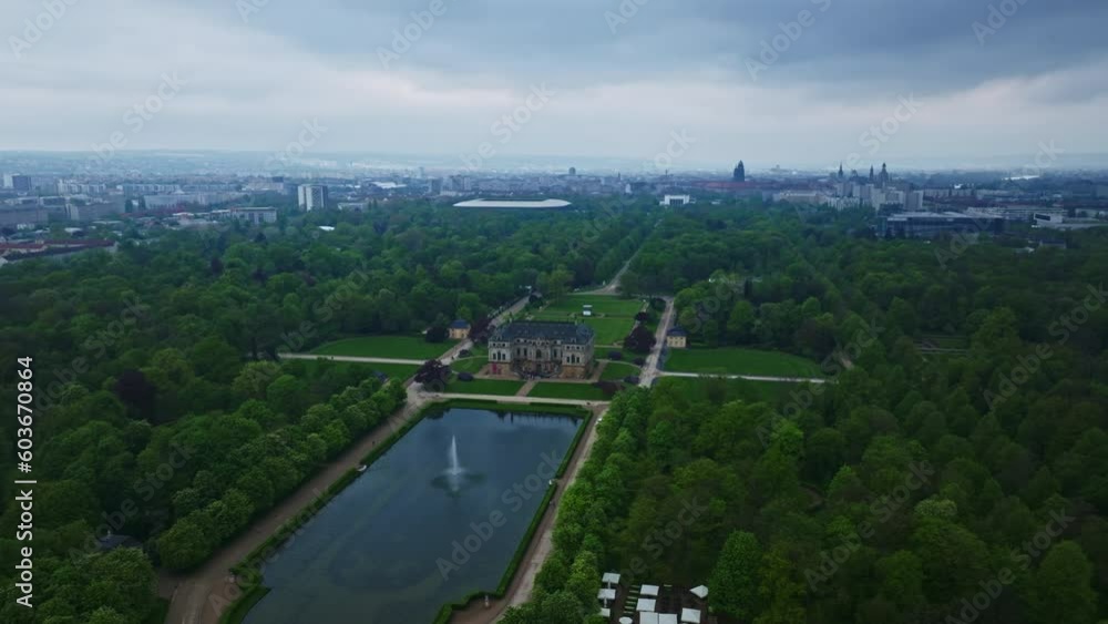 Drone shot of Palais Großer Garten ( The Grand Garden Palace ) . The Palais im Großen Garten, also referred to as garden palace, is a baroque pleasure palace built in Dresden . Drone shot of Palais Großer Garten ( The Grand Garden Palace ) . The Palais im Großen Garten, also referred to as garden palace, is a baroque pleasure palace built in Dresden .