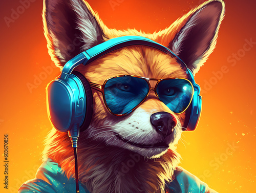 Foto Music dj coyote with sunglasses and headphones - Generative AI