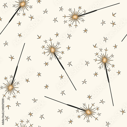Happy New Year party sparkler firework vector seamless pattern. Winter holidays background. Festive seasonal surface design for packaging, scrap book, card making
