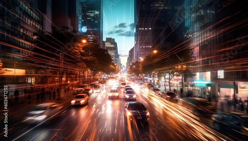 Urban energy in motion, nighttime traffic time-lapse with artistic blurry effect, generative ai, background © id512