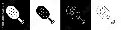 Set Sauna brush icon isolated on black and white background. Wooden brush with coarse bristles for washing in the bath. Anti cellulite massage. Vector