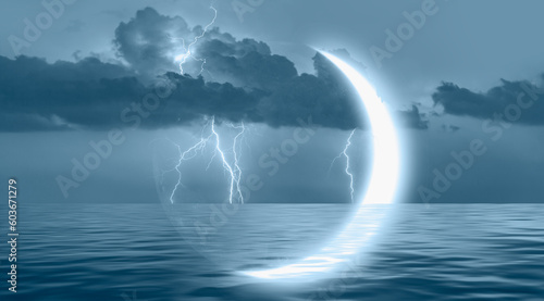 Abstract dark blue background with crescent in the sea with lightning at night © muratart