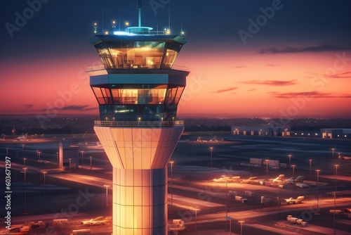 A control tower overlooking a sprawling airport runway at dusk. Generative AI