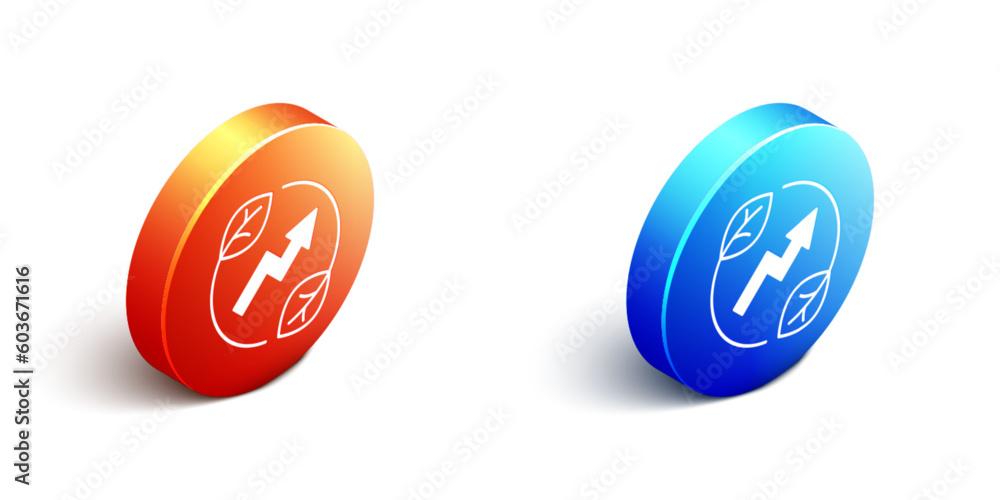 Obraz premium Isometric Electric saving plug in leaf icon isolated on white background. Save energy electricity. Environmental protection. Bio energy. Orange and blue circle button. Vector
