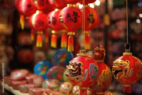 red chinese traditional lanterns on red background, AI Generated © dark_blade