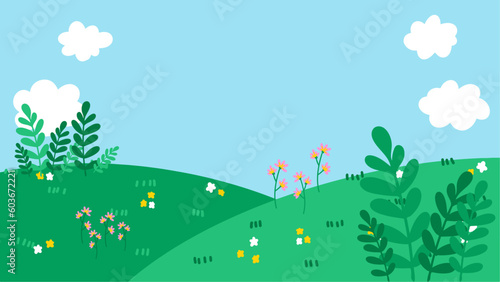 hand drawn spring wallpaper, flower background, green park illustration, happy may