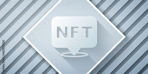 Paper cut NFT Digital crypto art icon isolated on grey background. Non fungible token. Paper art style. Vector