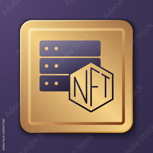Purple NFT blockchain technology icon isolated on purple background. Non fungible token. Digital crypto art concept. Gold square button. Vector