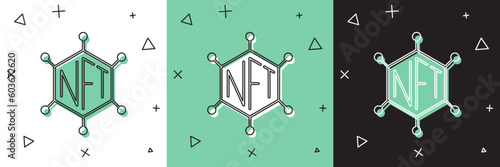 Set NFT blockchain technology icon isolated on white and green, black background. Non fungible token. Digital crypto art concept. Vector